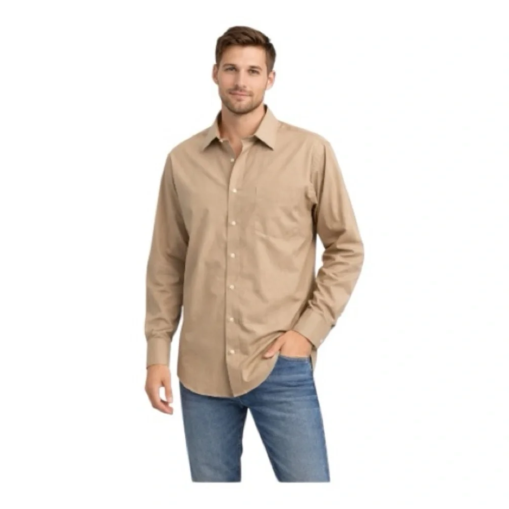 Stafford Men's Casual Button Down Tan Shirt - Picture 8 of 8